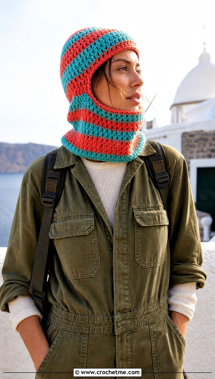 Striped Hooded Crochet Balaclava With Utility Jumpsuit - 30 hooded crochet balaclava outfit ideas