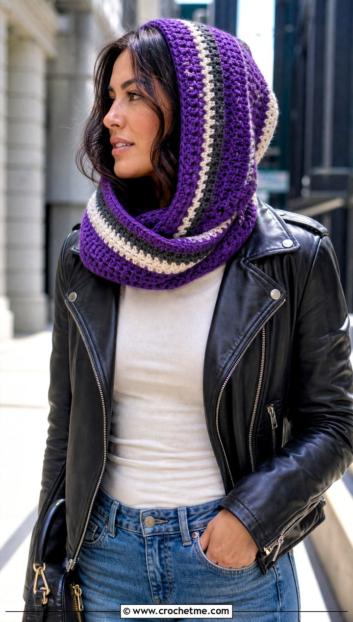 Striped Hooded Crochet Cowl Snood With Leather Jacket - 25 hooded crochet cowl snood outfit ideas
