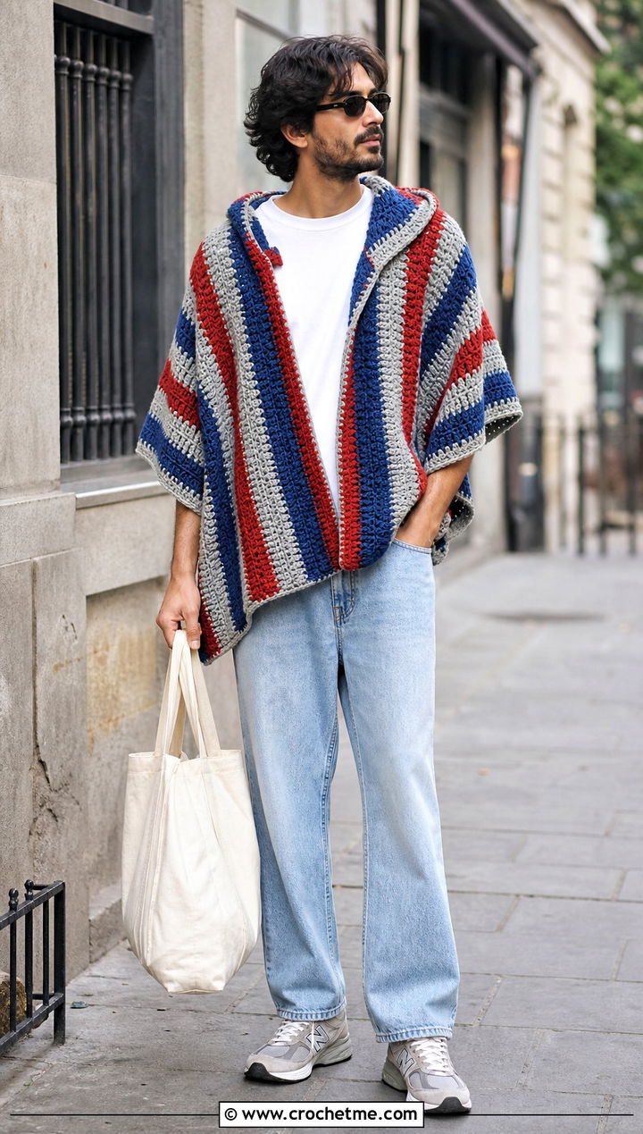 Striped Hooded Crochet Poncho With Light Wash Denim - 15 mens hooded crochet poncho outfit ideas