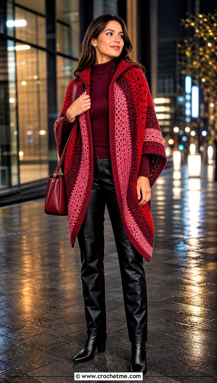 Striped Hooded Crochet Ruana With Leather Pants - 20 Hooded Crochet Ruana outfit ideas