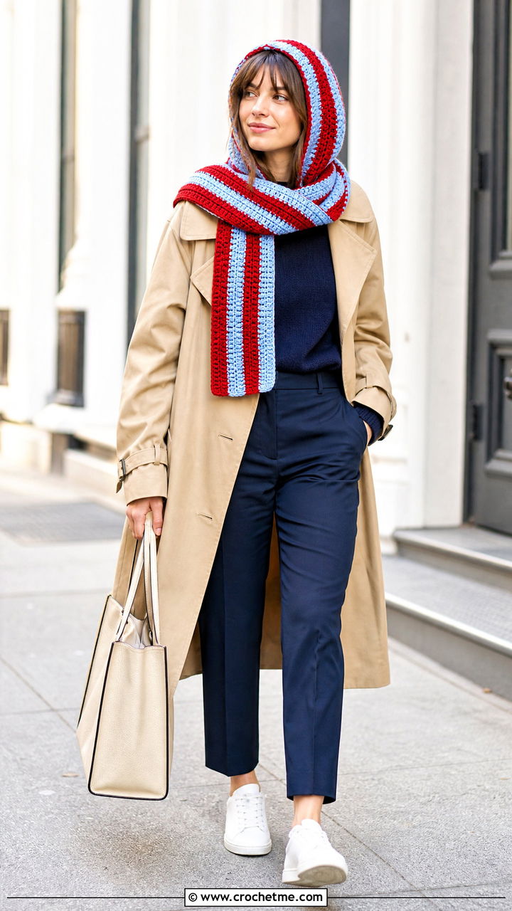 Striped Hooded Scarf With Trench Coat - 35 crochet hooded scarf outfit ideas