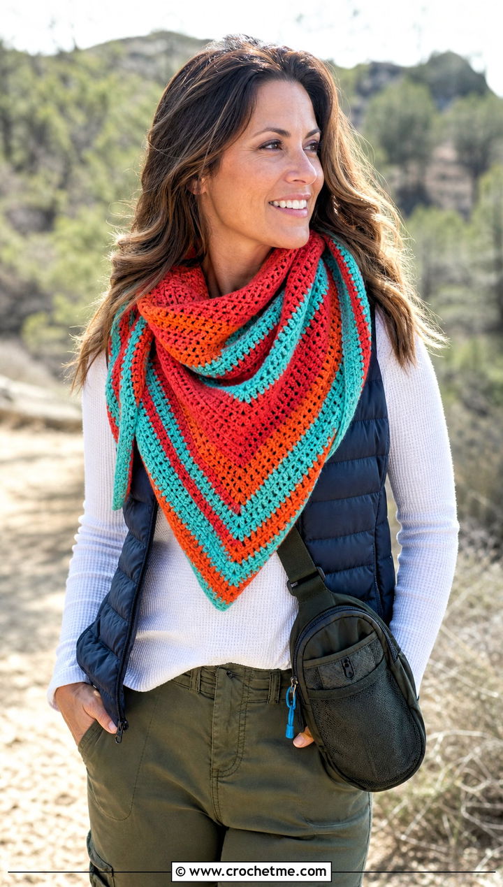 Striped Hooded Triangle Crochet Scarf With Puffer Vest - 25 Hooded Triangle Crochet Scarf outfit ideas