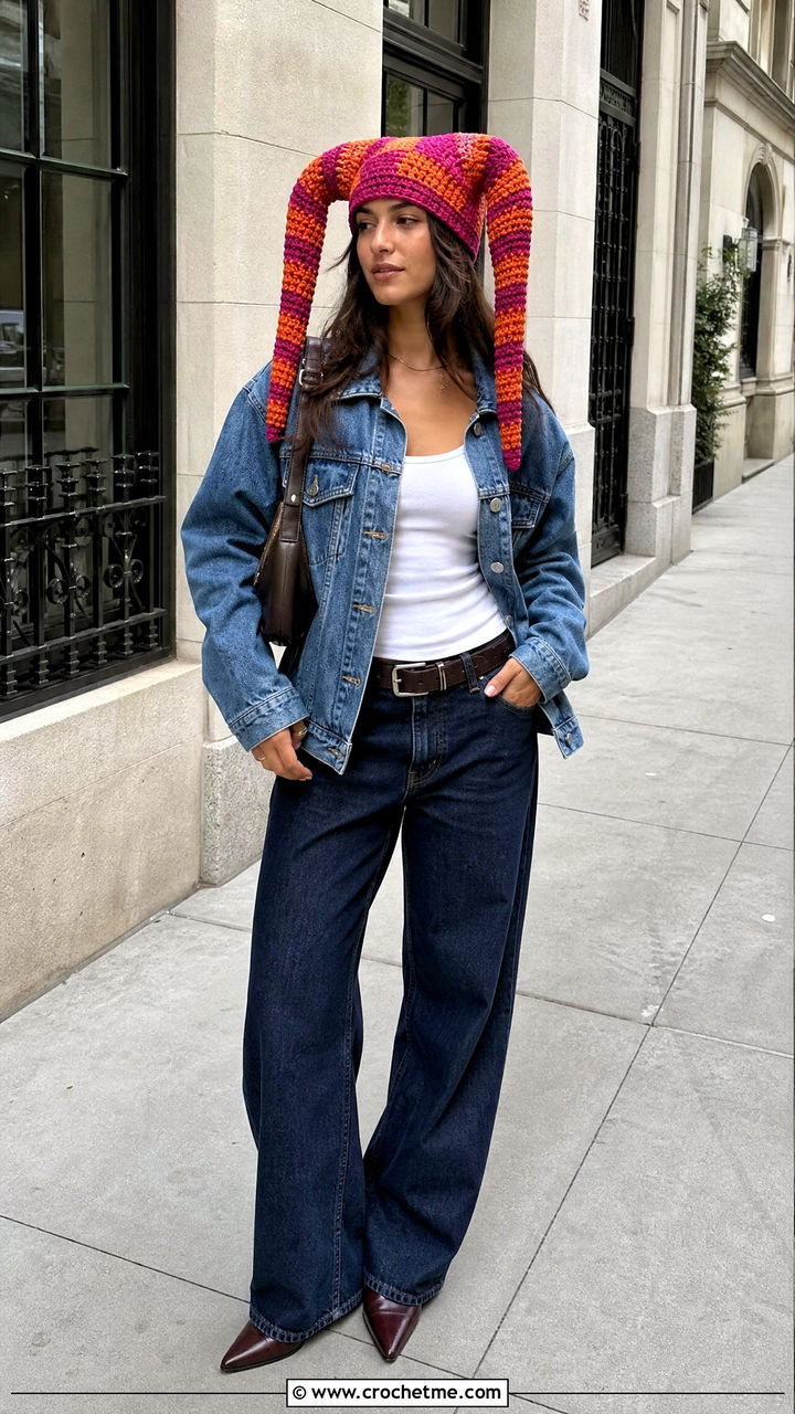 Striped Horn Crochet Jester Hat With Double Denim - 35 crochet jester hat outfit ideas