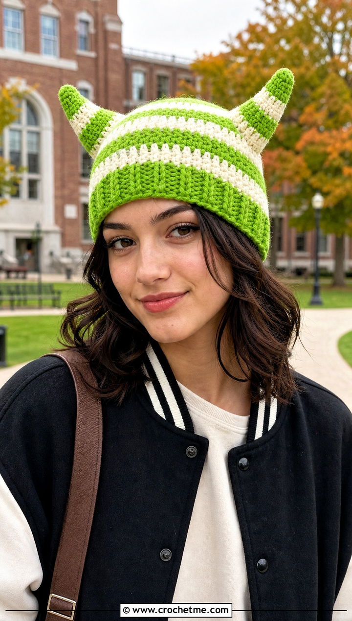 Striped Horned Beanie With Varsity Jacket - 20 Crochet Horned Beanie outfit ideas