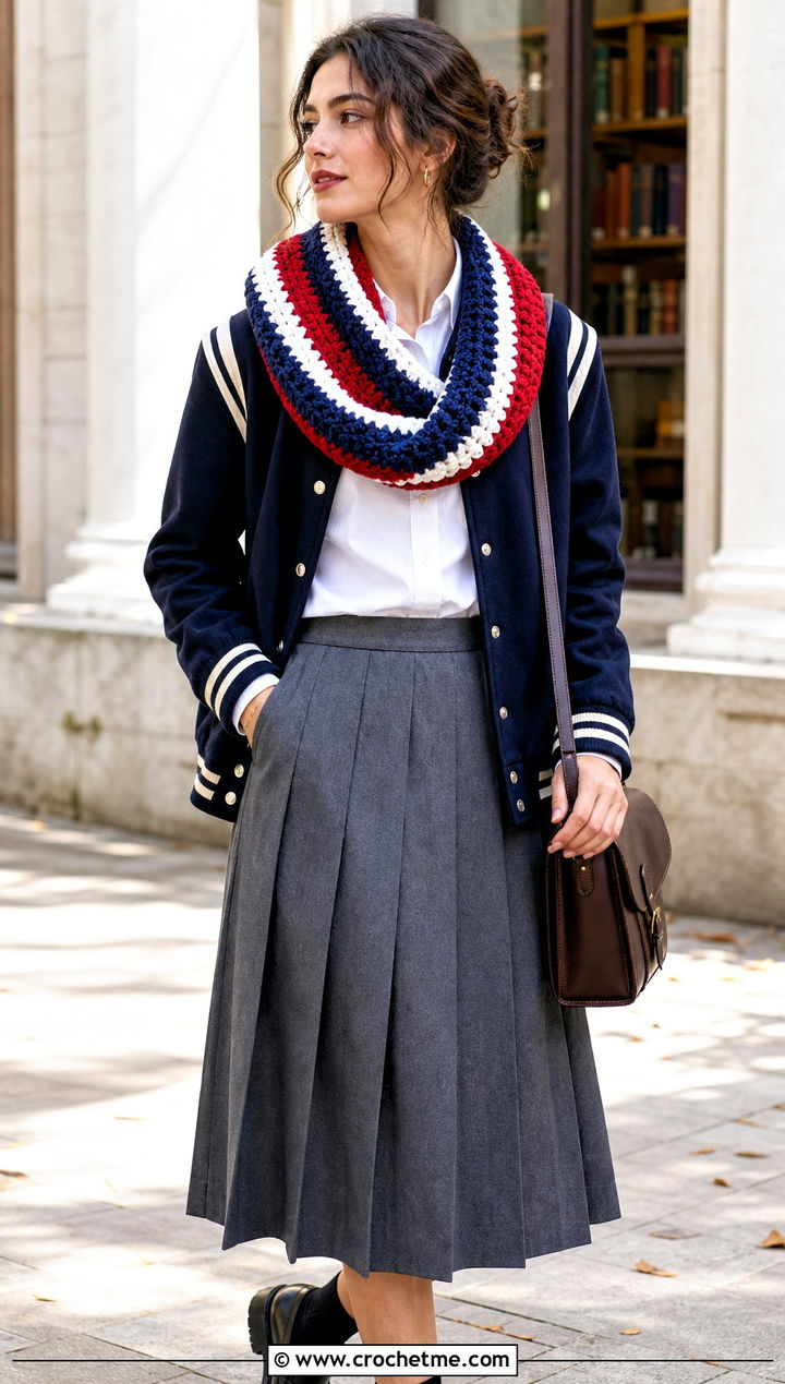 Striped Infinity Crochet Scarf With Varsity Jacket - 15 Infinity Crochet Scarf outfit ideas