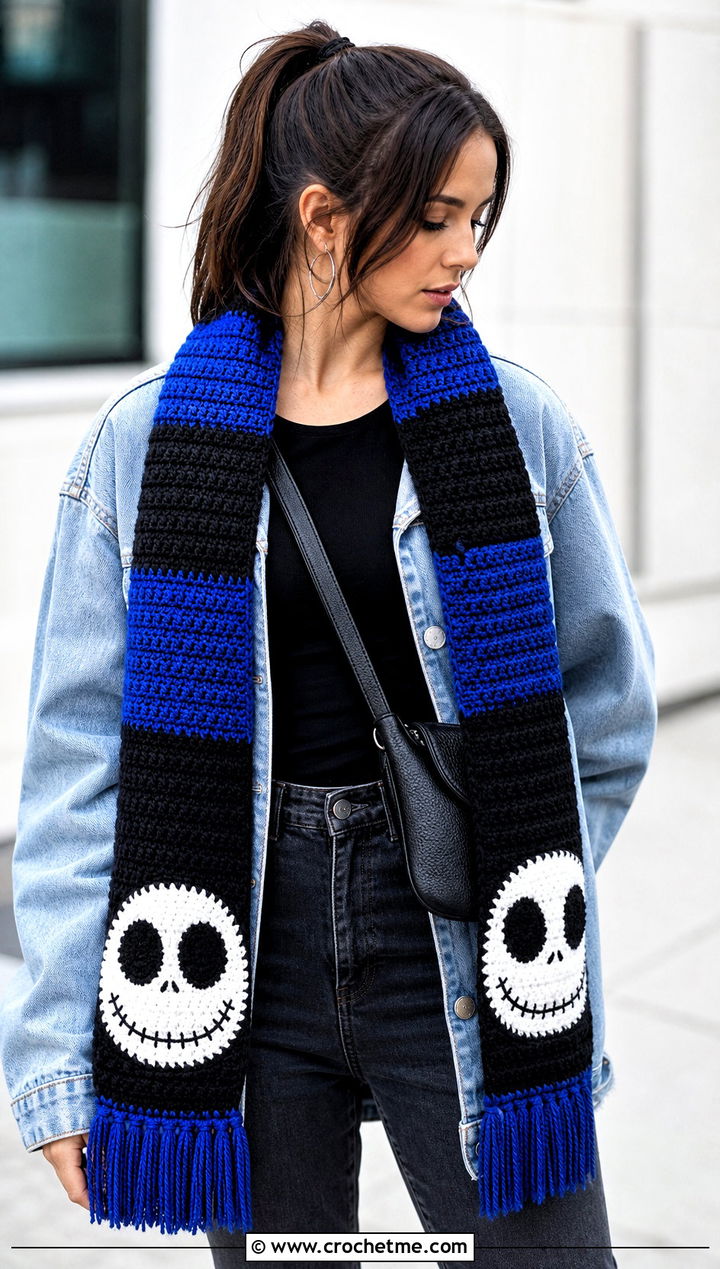 Striped Jack Skellington Crochet Scarf With Denim Jacket - 20 Crochet Jack Skellington Scarf outfit ideas