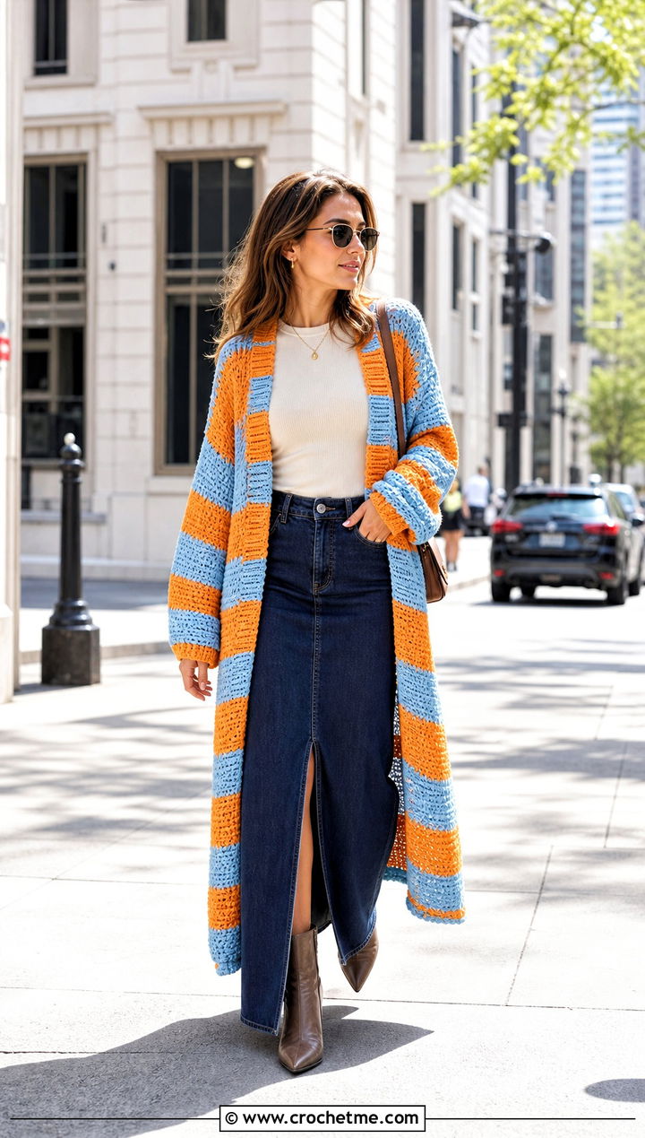 Striped Knit Look Crochet Cardigan With Denim Maxi Skirt - 25 Knit Look Crochet Cardigan outfit ideas