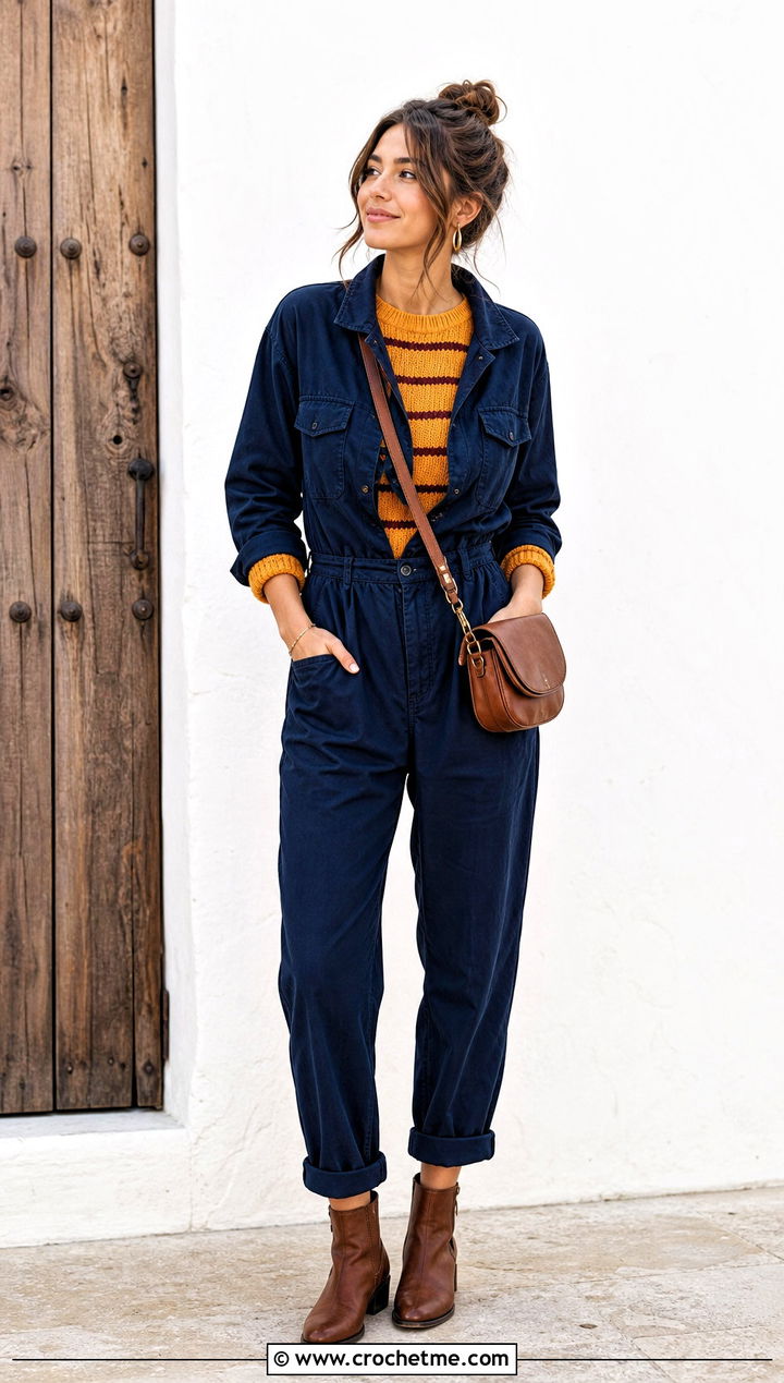 Striped Knit Sweater With Utility Jumpsuit - 30 Knit And Crochet Sweater outfit ideas