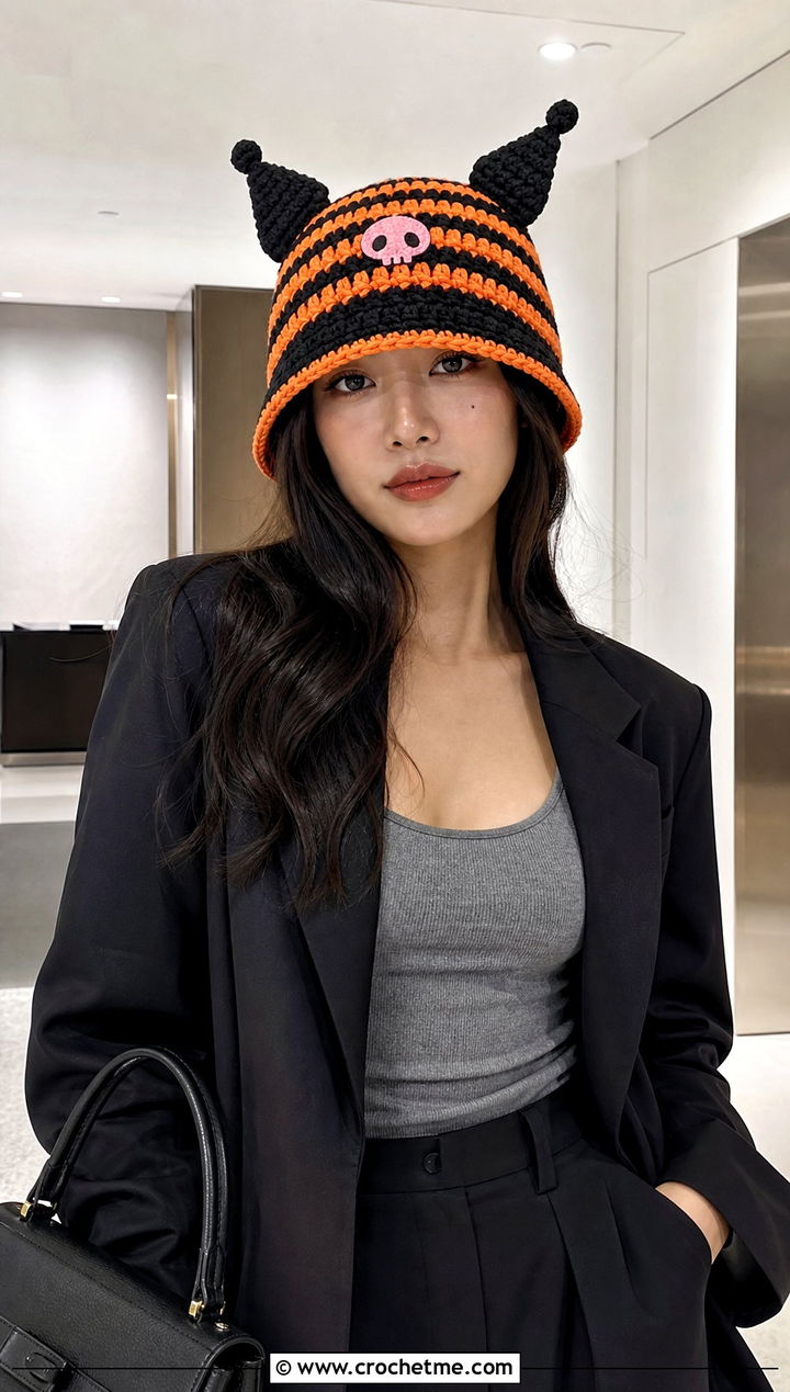 Striped Kuromi Crochet Bucket Hat With Oversized Blazer - 15 Kuromi Crochet Bucket Hat outfit ideas