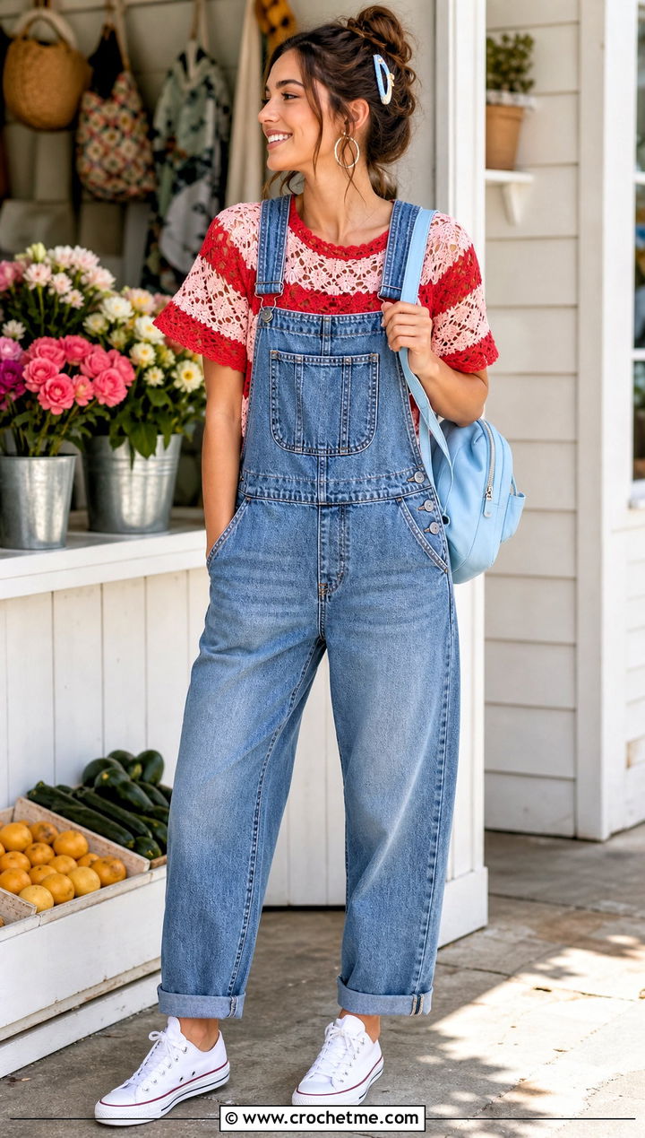 Striped Lace Crochet Tee With Denim Overalls - 15 summer lace crochet tee outfit ideas