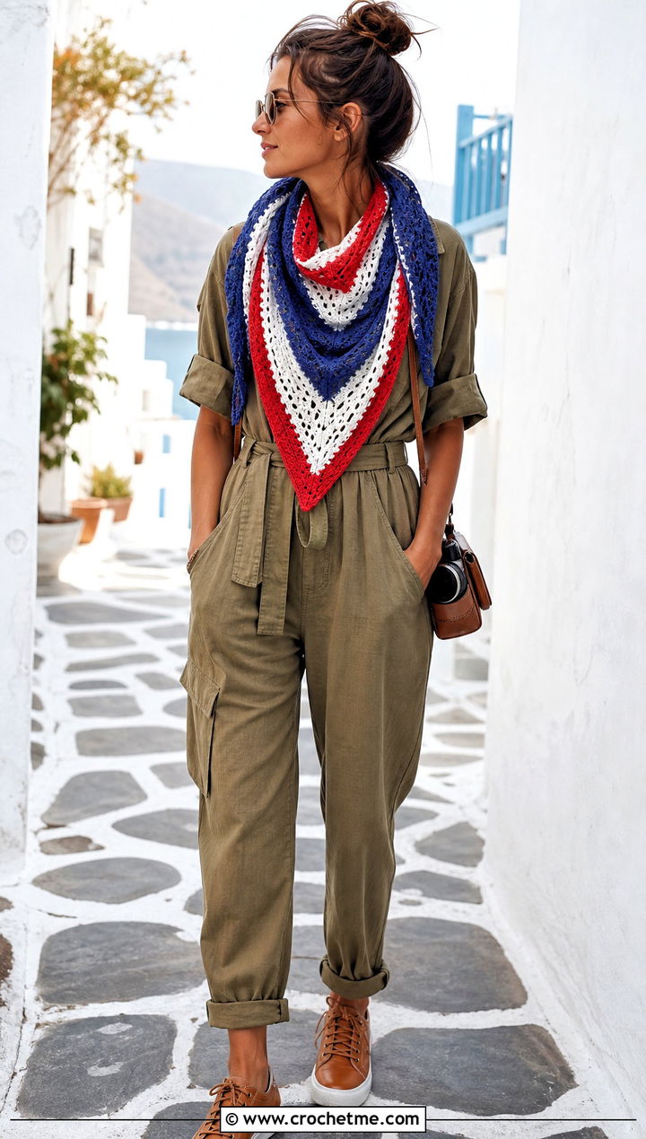 Striped Lace Triangle Shawl With Utility Jumpsuit - 25 Crochet Lacy Triangle Shawl outfit ideas