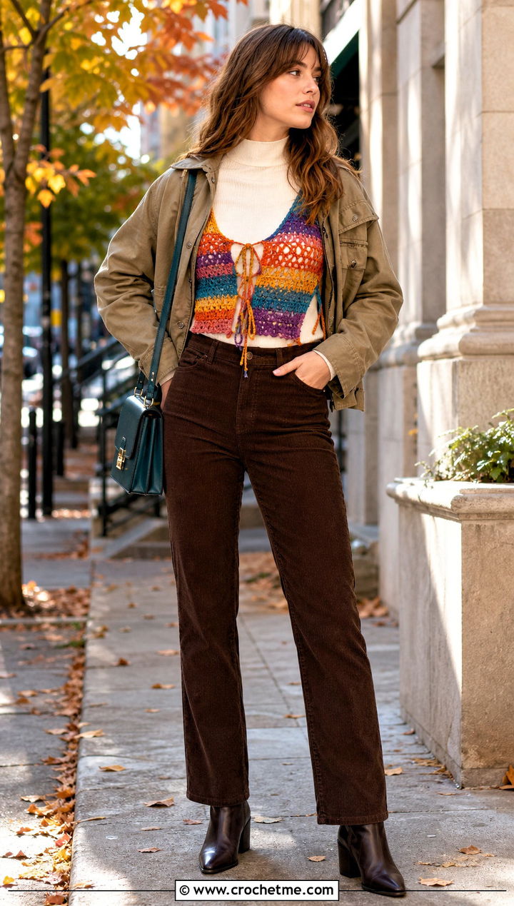 Striped Lace Up Crochet Top With Corduroy Pants - 15 tie back crochet top outfit ideas