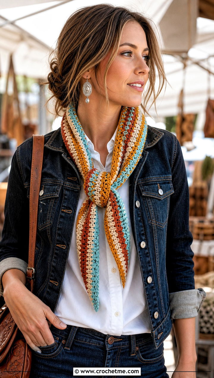 Striped Lemon Peel Stitch Scarf With Western Denim Outfit - 20 Crochet Lemon Peel Stitch Scarf outfit ideas