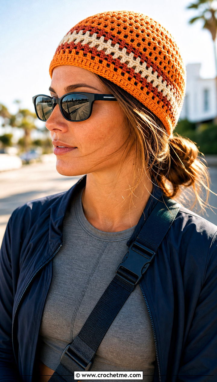 Striped Lightweight Crochet Beanie With Track Pants - 15 Lightweight Crochet Beanie outfit ideas