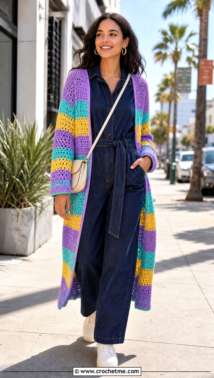 Striped Long Crochet Duster With Denim Jumpsuit - 25 Long Crochet Duster outfit ideas