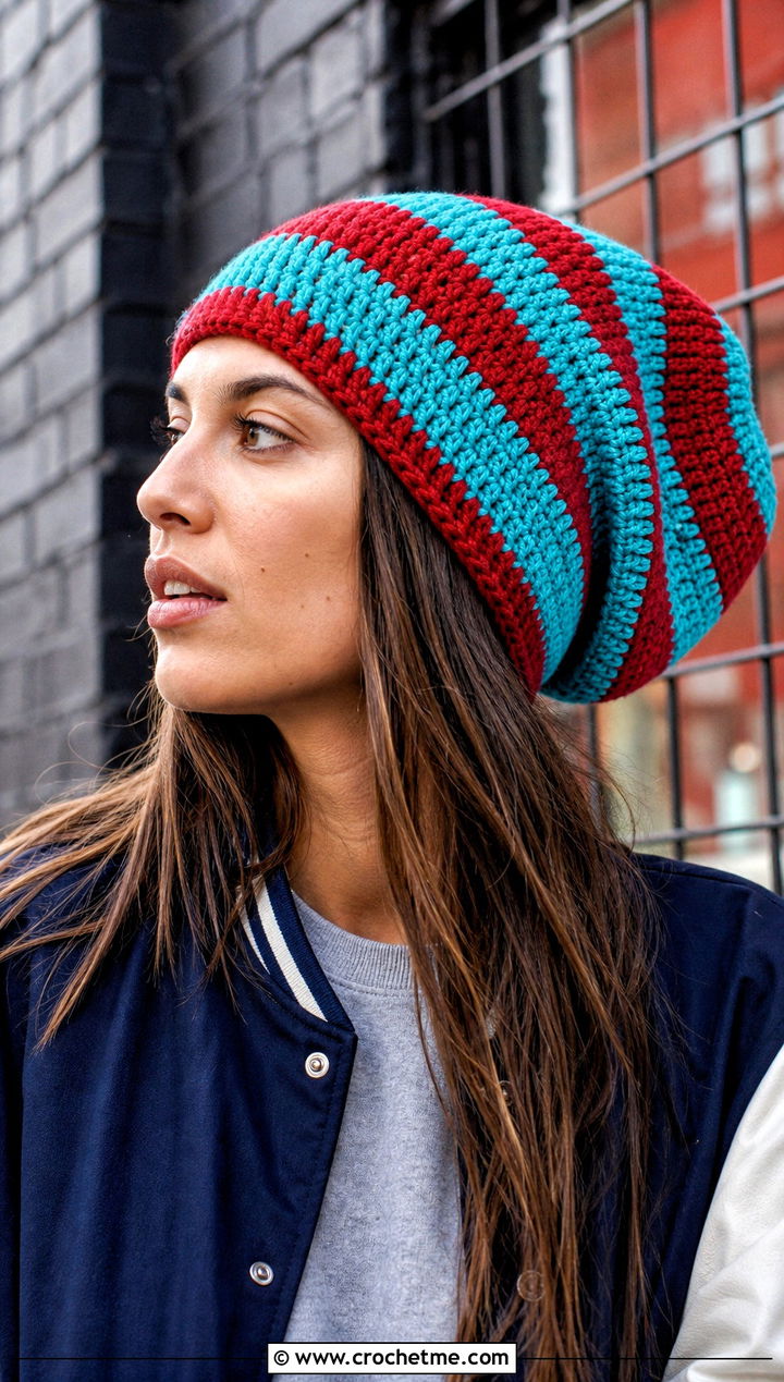 Striped Long Crochet Hat With Varsity Jacket - 30 crochet long hat outfit ideas