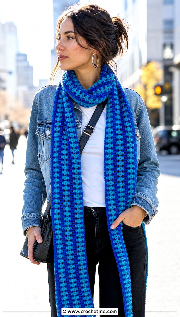 Striped Long Crochet Scarf With Denim Jacket - 30 2 color crochet scarf outfit ideas
