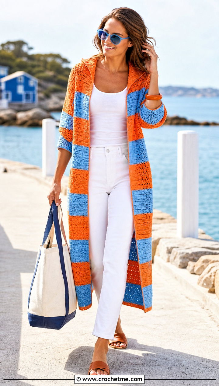 Striped Long Hooded Cardigan With White Denim - 25 crochet long hooded cardigan outfit ideas