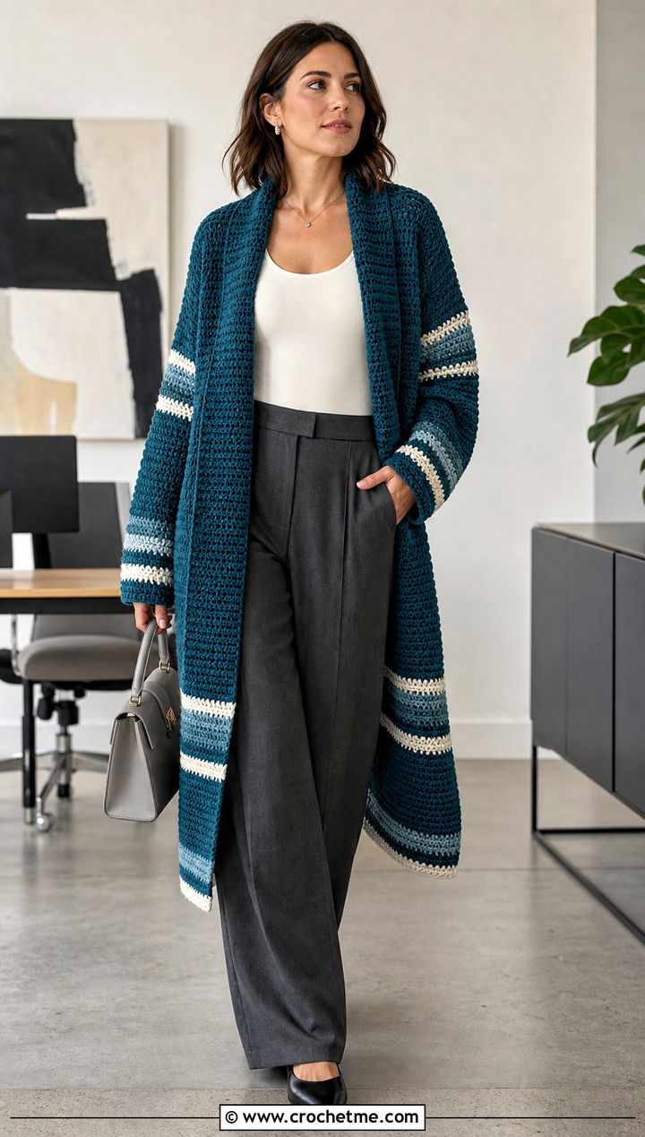 Striped Longline Blanket Crochet Cardigan With Wide Leg Trousers - 25 blanket crochet cardigan outfit ideas