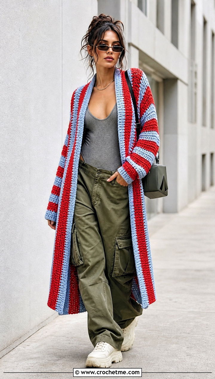 Striped Longline Crocheted Sweater Coat With Cargo Pants - 15 colorful crocheted sweater coat outfit ideas