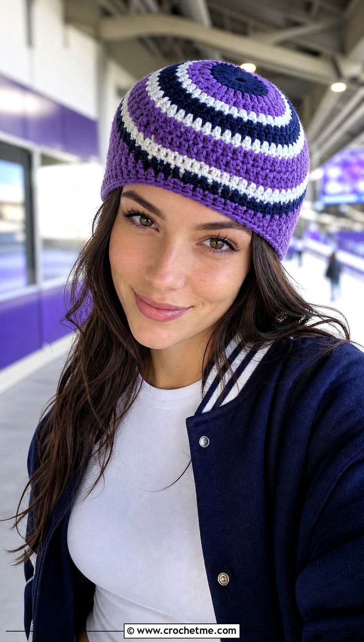 Striped Magic Circle Crochet Beanie With Varsity Jacket - 25 Crochet Beanie Magic Circle outfit ideas