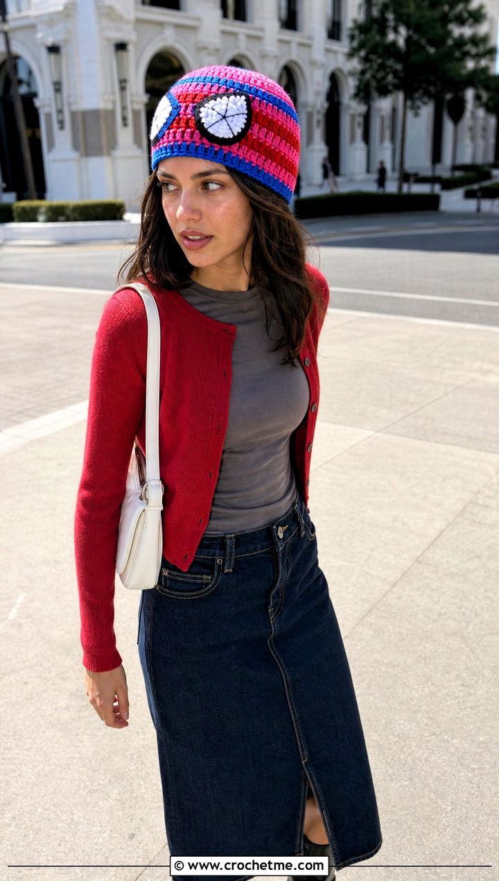Striped Mayday Crochet Beanie With Denim Skirt - 30 mayday crochet beanie outfit ideas