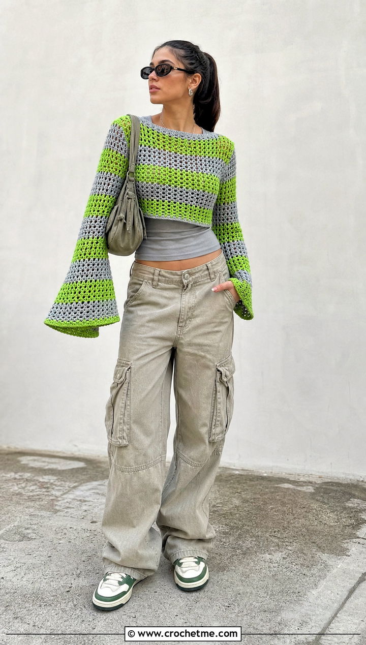 Striped Mesh Crochet Bell Sleeve Sweater With Cargo Pants - 25 crochet bell sleeve sweater outfit ideas