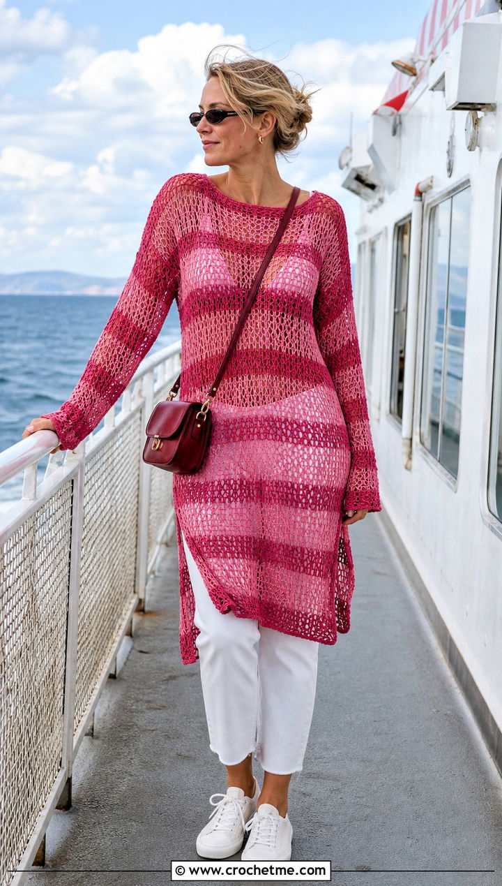 Striped Mesh Crochet Dress Coverup With White Jeans - 30 crochet swimsuit coverup outfit ideas