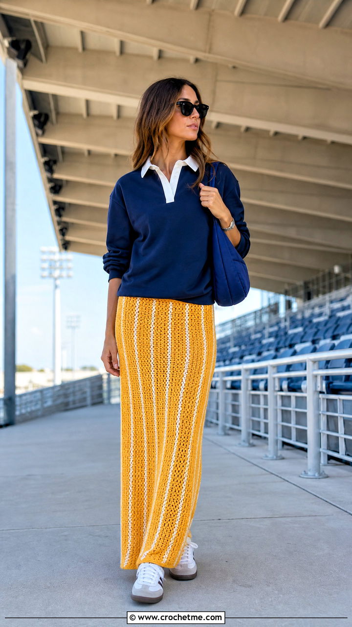 Striped Mesh Crochet Maxi Skirt With Rugby Shirt - 35 crochet flowy skirt outfit ideas