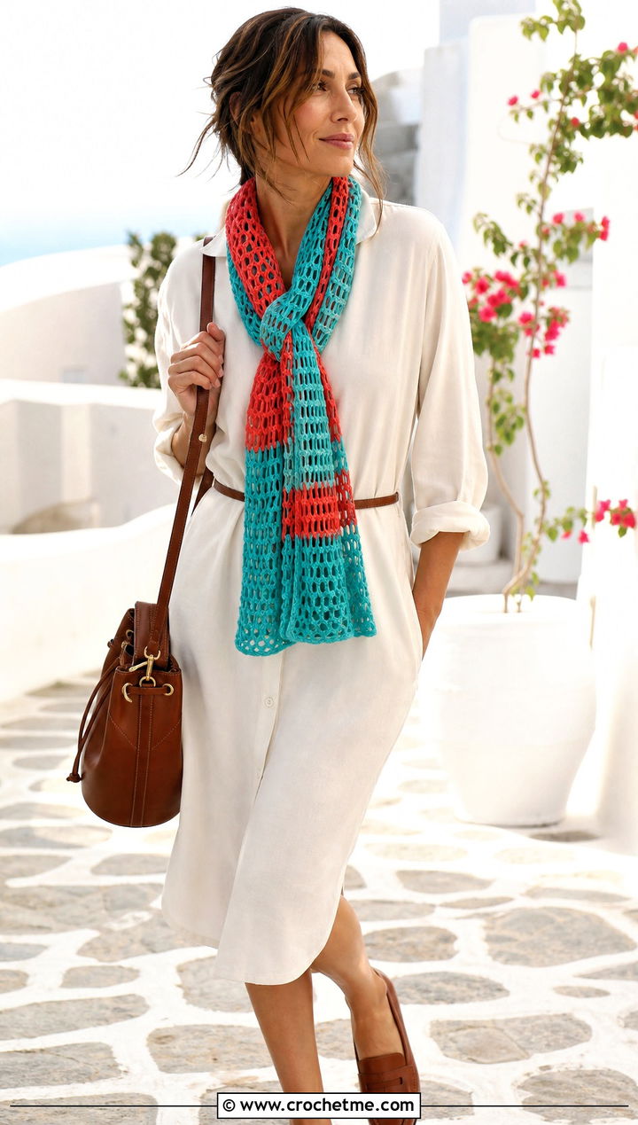 Striped Mesh Crochet Scarf With Shirt Dress - 25 Mesh Crochet Scarf outfit ideas