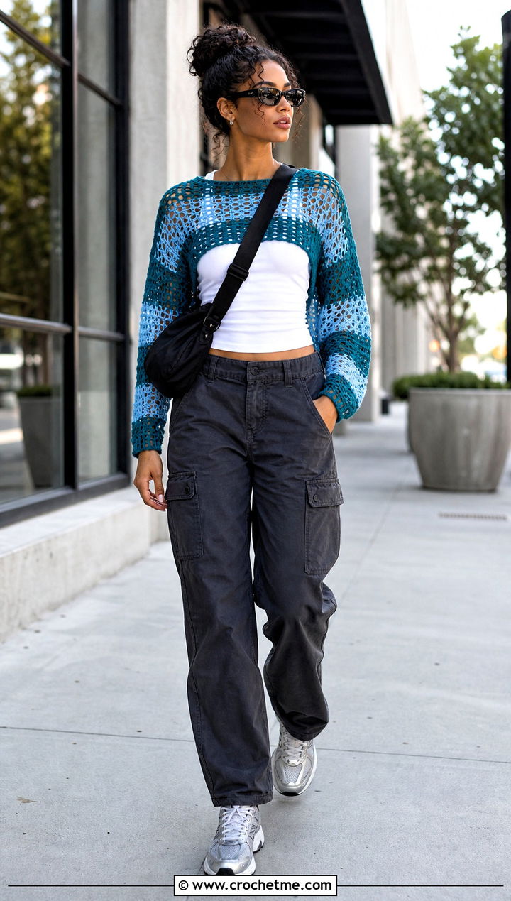 Striped Mesh Crochet Sweater With Cargo Pants - 25 handmade crochet sweater outfit ideas