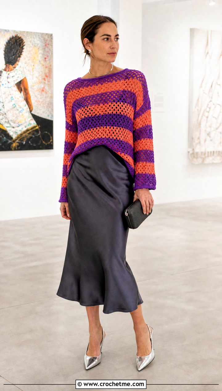 Striped Mesh Crochet Sweater With Satin Midi Skirt - 15 vibrant crochet sweater design outfit ideas