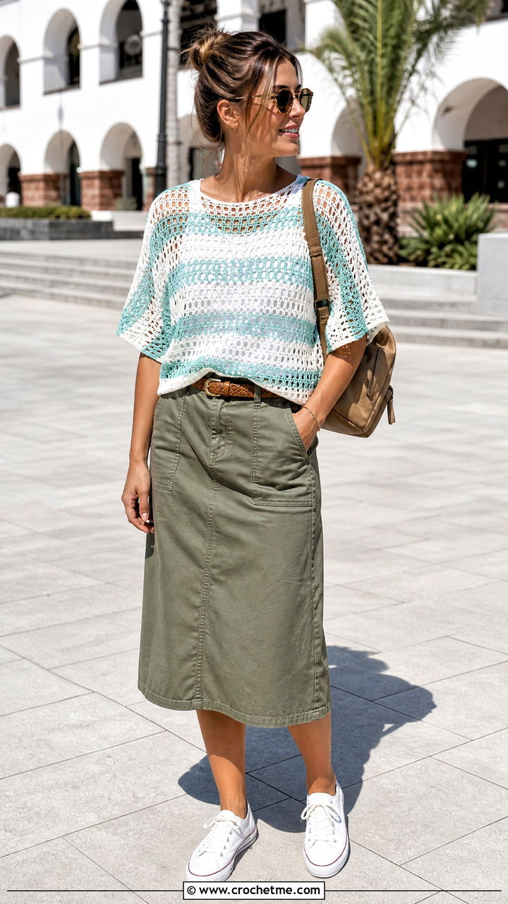 Striped Mesh Crochet Top With Utility Midi Skirt - 35 mesh crochet top outfit ideas