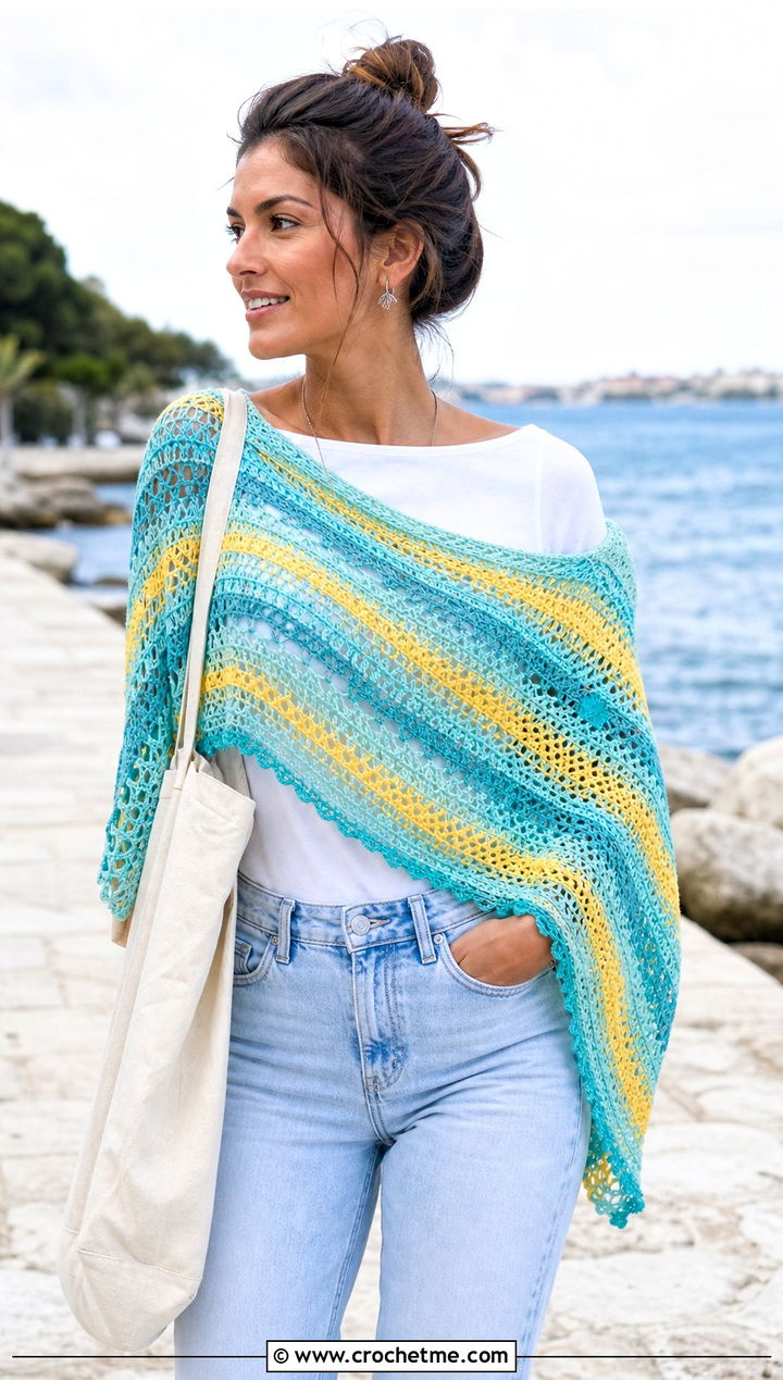 Striped Mesh Triangle Shawl With Coastal Outfit - 30 Crochet Mesh Triangle Shawl outfit ideas