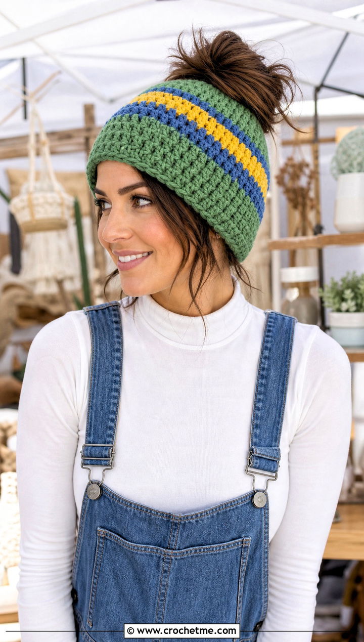 Striped Messy Bun Crochet Beanie With Denim Overalls - 30 easy messy bun crochet beanie outfit ideas