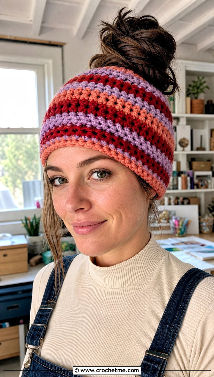 Striped Messy Bun Crochet Hat With Denim Overalls - 25 messy bun crochet hat with hair tie outfit ideas