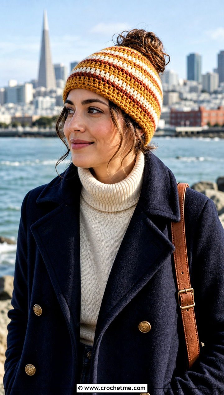 Striped Messy Bun Crochet Hat With Peacoat And Dark Jeans - 25 Easy Messy Bun Crochet Hat outfit ideas
