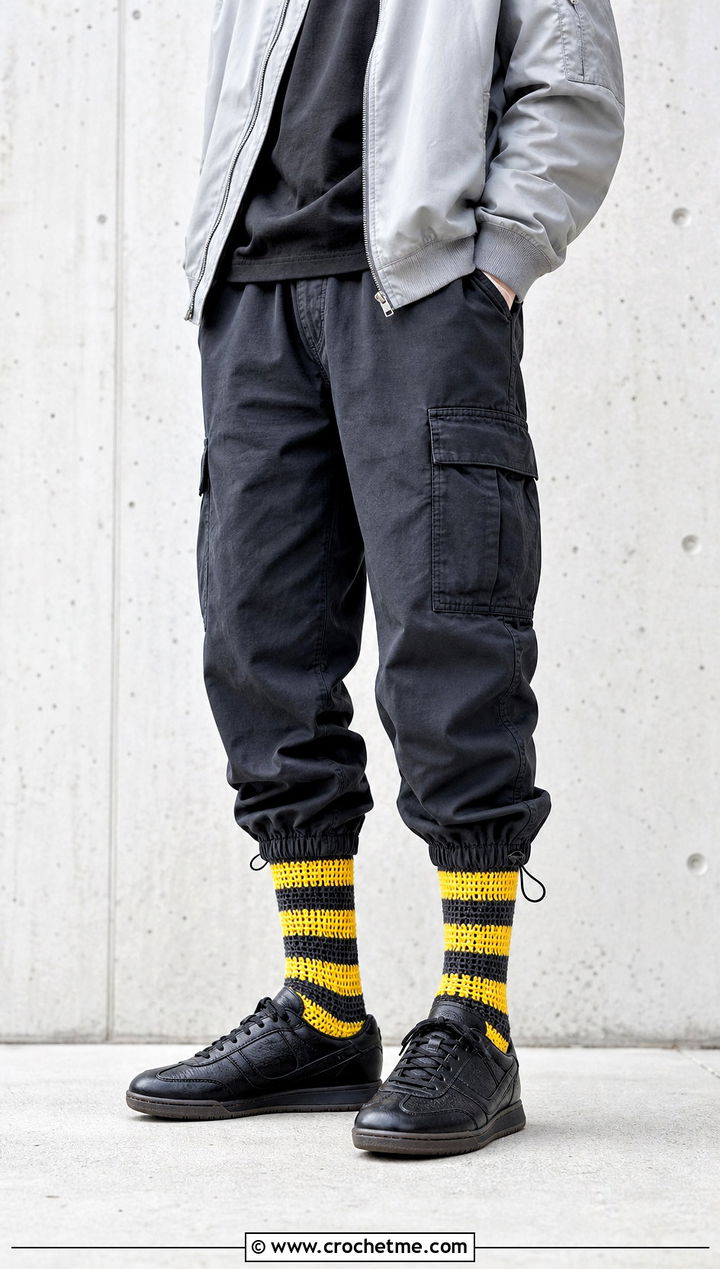 Striped Mid Calf Crochet Socks With Cargo Pants - 25 Mens Crochet Socks outfit ideas