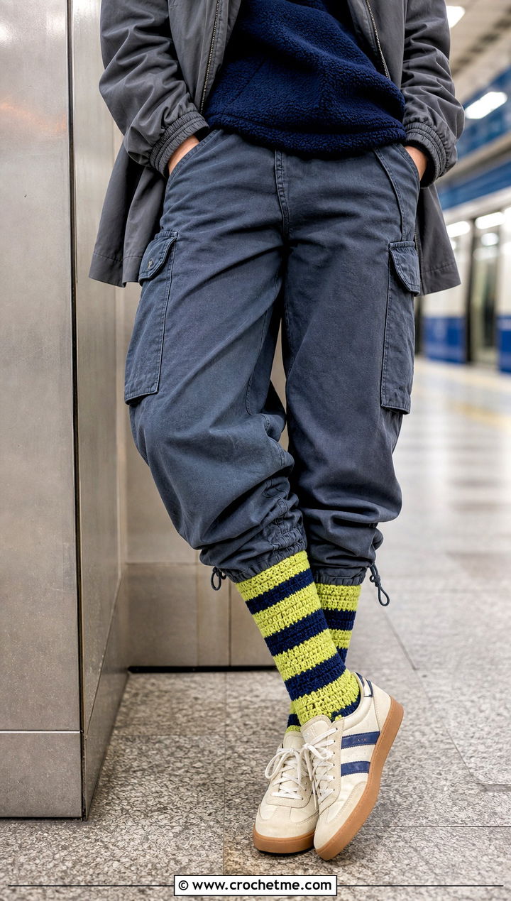 Striped Mid Calf Crochet Winter Socks With Cargo Pants - 30 crochet winter socks outfit ideas