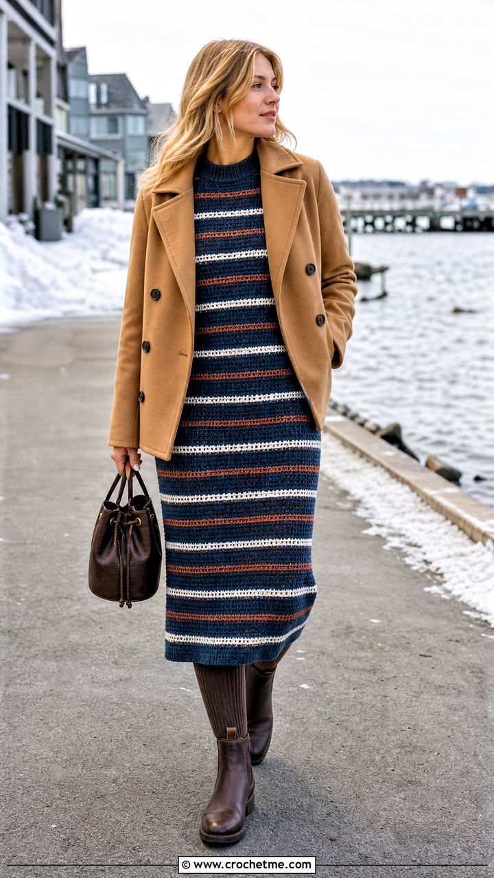 Striped Midi Crochet Winter Dress With Peacoat - 35 crochet winter dress outfit ideas