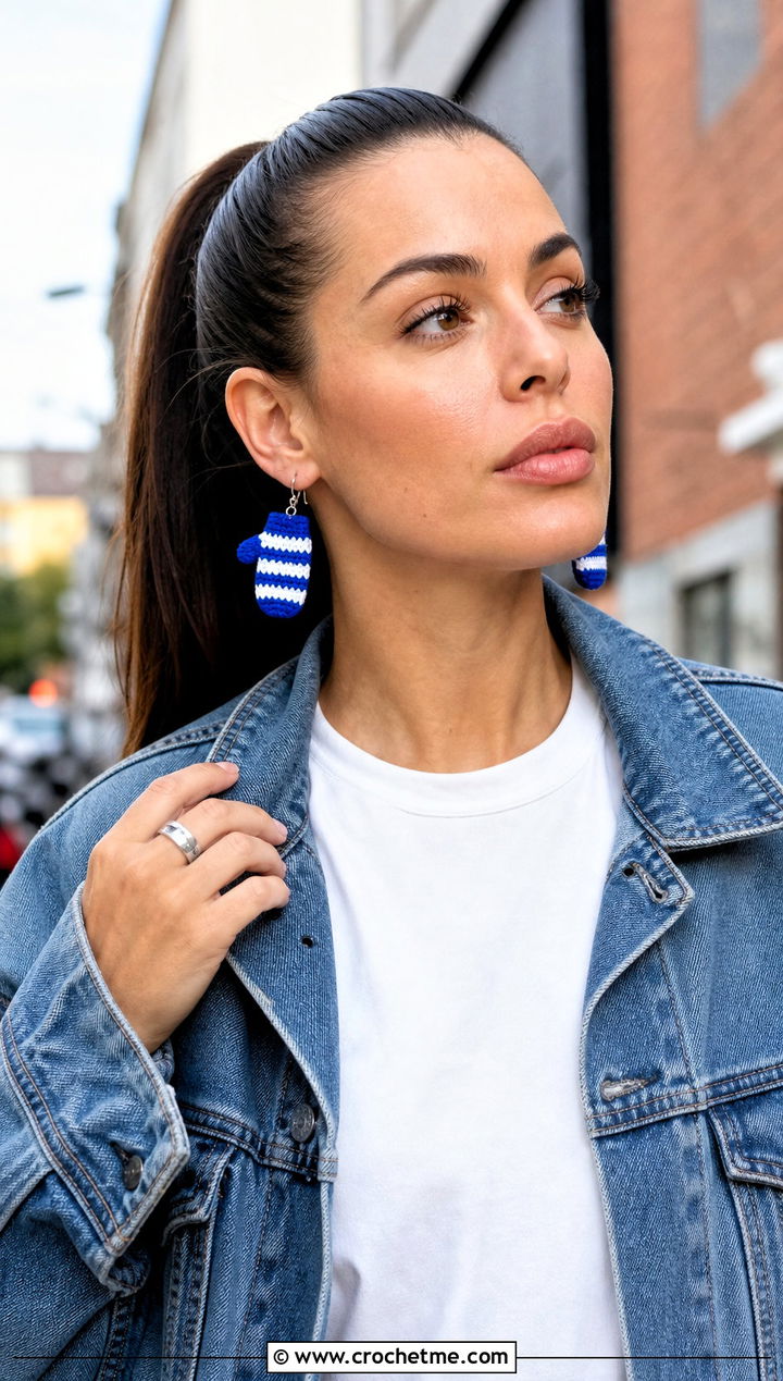 Striped Mini Crochet Mitten Earrings With Denim Jacket - 15 mini crochet mittens outfit ideas