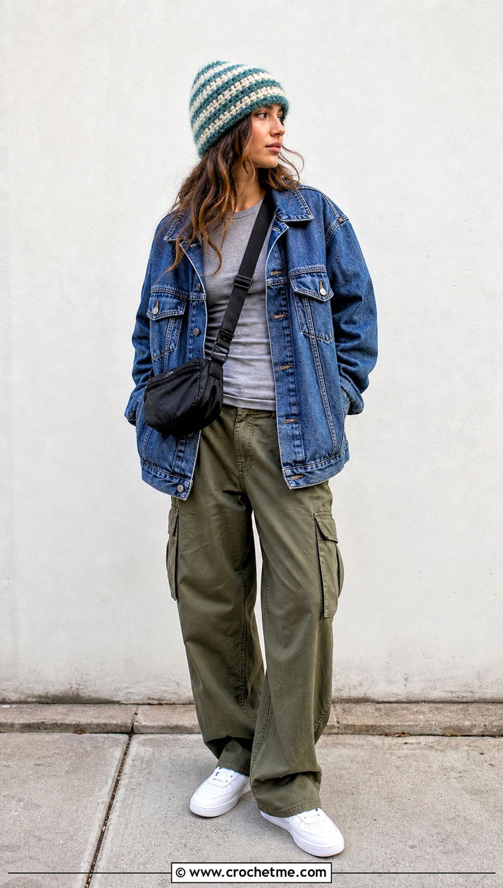 Striped Mohair Crochet Beanie With Denim Jacket And Cargo Pants - 35 mohair crochet beanie outfit ideas