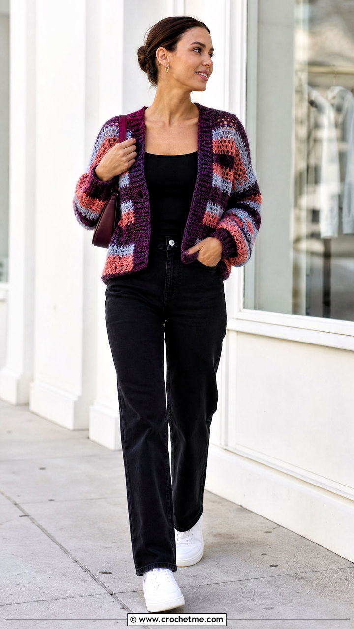 Striped Mohair Crochet Sweater With Black Jeans - 35 mohair crochet sweater outfit ideas