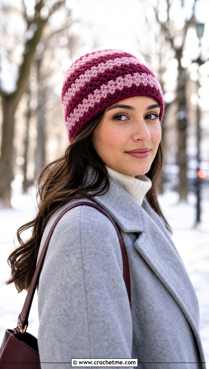 Striped Moss Stitch Beanie With Wool Coat - 20 Crochet Moss Stitch Beanie outfit ideas