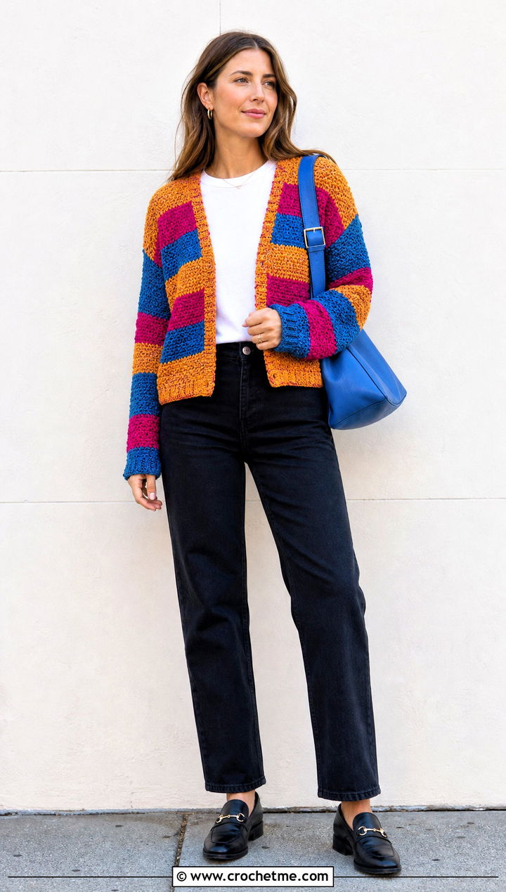 Striped Moss Stitch Cardigan With Black Jeans - 30 crochet moss stitch cardigan outfit ideas