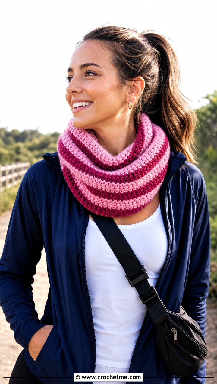 Striped Moss Stitch Crochet Cowl With Track Jacket - 15 Moss Stitch Crochet Cowl outfit ideas
