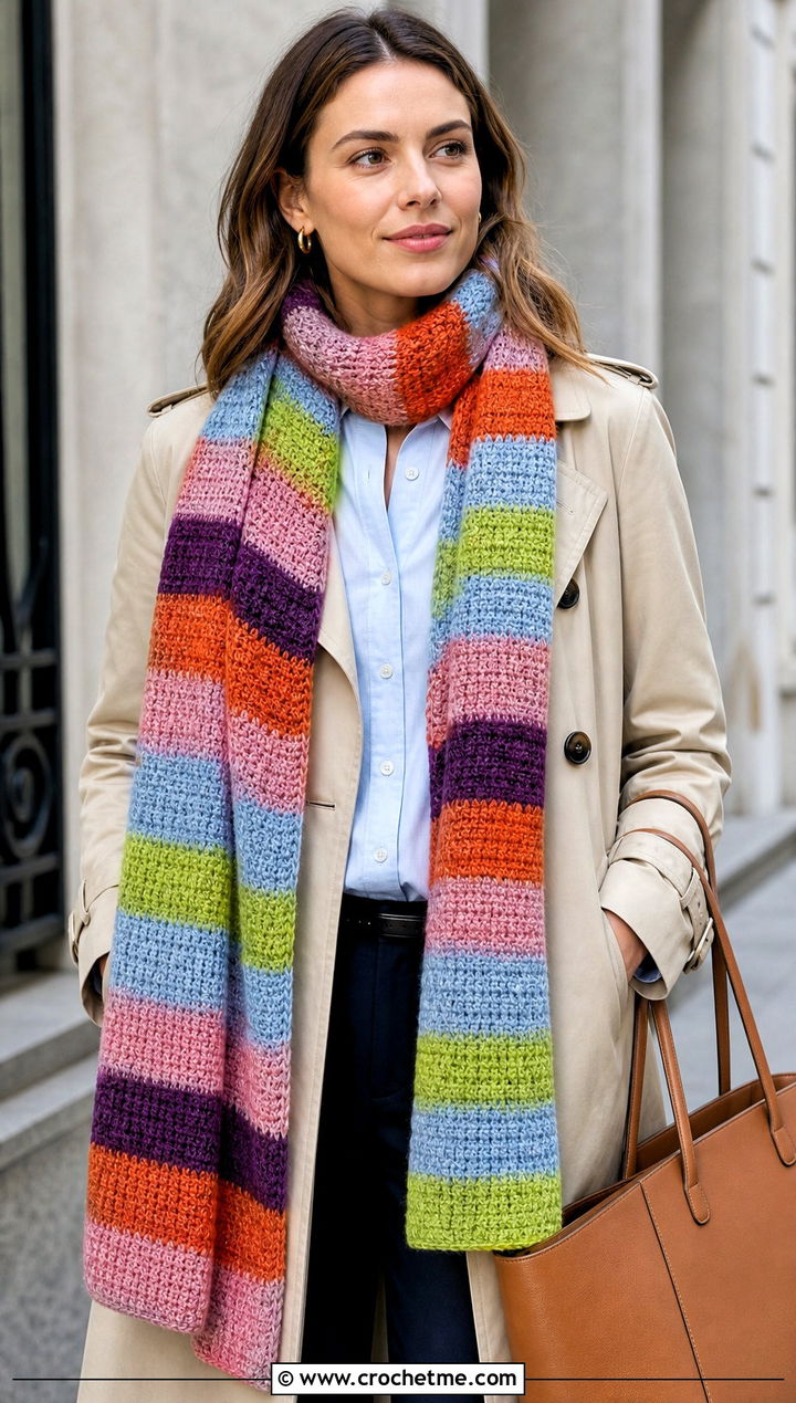 Striped Moss Stitch Crochet Scarf With Trench Coat - 25 multi colored crochet scarf outfit ideas