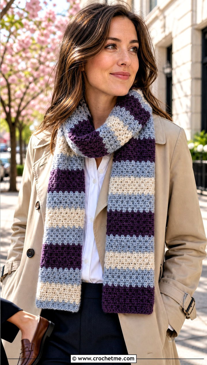 Striped Moss Stitch Crochet Scarf With Trench Coat - 25 Moss Stitch Crochet Scarf outfit ideas