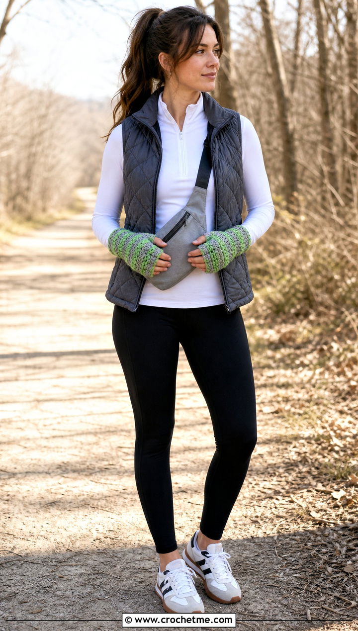 Striped Moss Stitch Fingerless Gloves With Quilted Vest - 15 Crochet Moss Stitch Fingerless Gloves outfit ideas