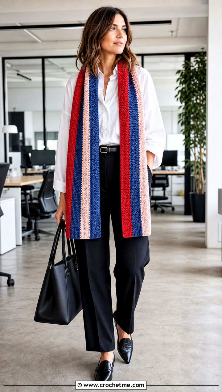 Striped Moss Stitch Scarf With White Shirt And Black Trousers - 35 crochet moss stitch scarf outfit ideas